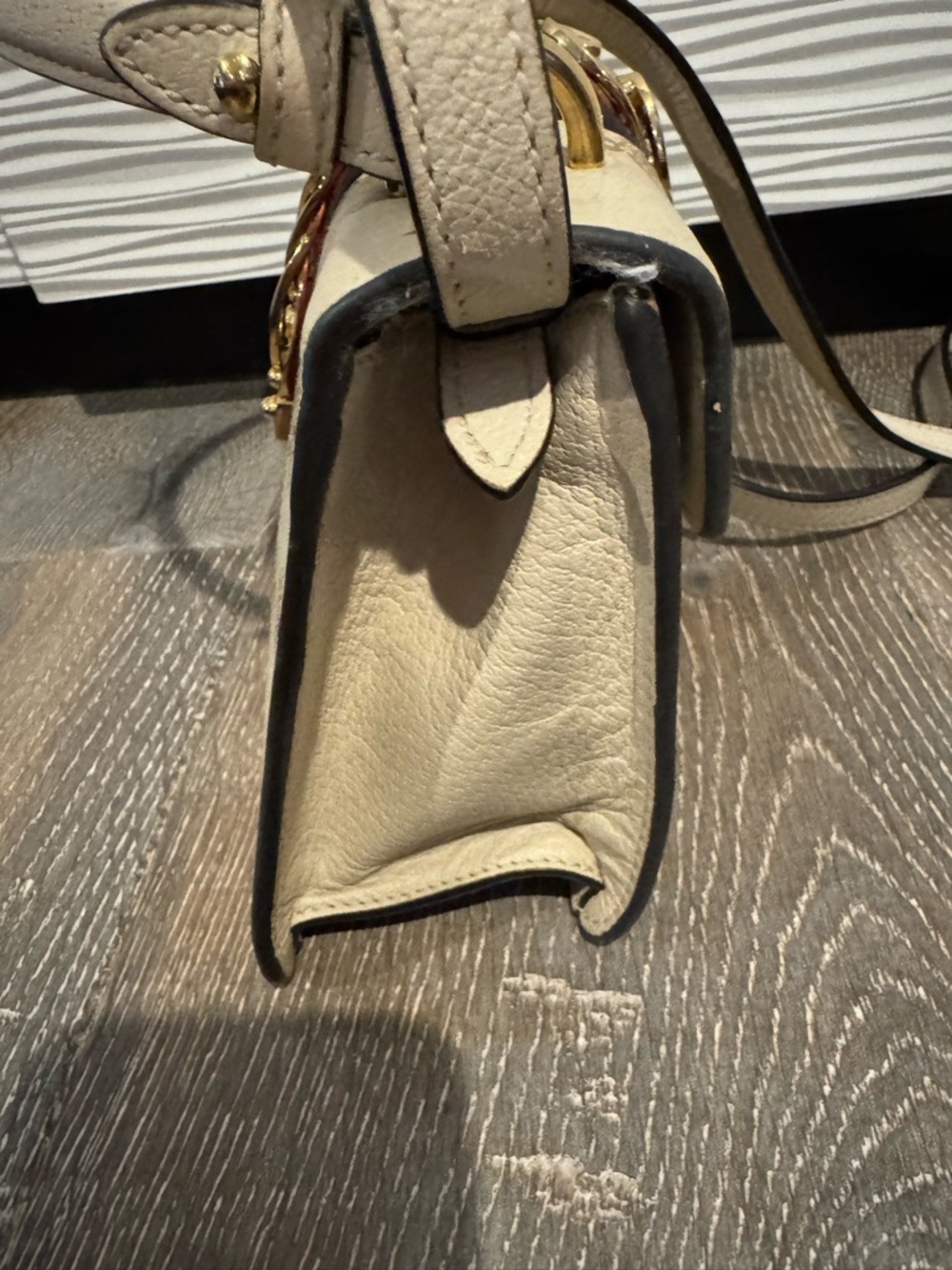 Gucci-SILVI- Cream Bee & Star Print Top Handle Satchel with Navy and Red Stripe - Picture 4 of 10